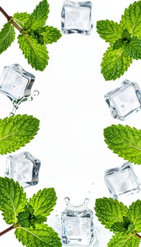 Fresh mint leaves and ice cubes splashing on white background