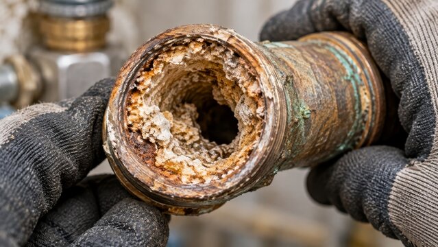 Gloved hands holding a corroded pipe clogged with mineral scale. Rust and limescale buildup inside worn plumbing. Pipe maintenance and water system failure. Corrosion, repair and inspection