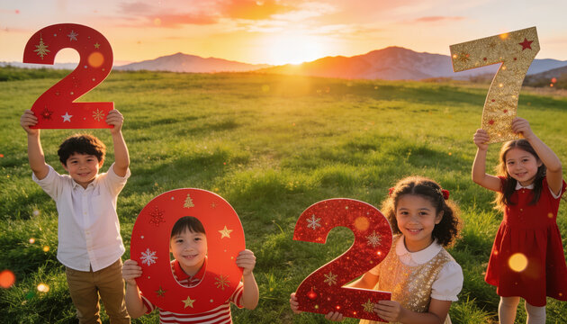 Four happy children holding colorful cardboard numbers 2, 2, 2, 7 in a green meadow at sunset.