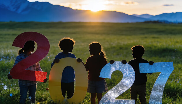 Silhouetted group of children holding large 2027 number cutouts in a grassy field at sunset