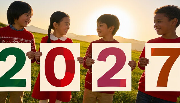 Four happy young children holding large white cards with colorful numbers spelling 2027 in a grassy field at sunset