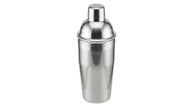 Cocktail shaker, classic stainless steel cocktail shaker with a tall tapered cylindrical body, smooth polished reflective surface, fitted upper lid and compact removable strainer cap, photorealistic