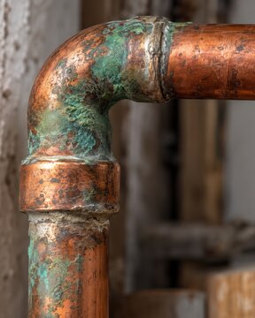 Worn copper pipe elbow with rust and mineral scale on aged plumbing. Corrosion and limescale buildup on a plumbing joint. Maintenance and repair concept. Industrial infrastructure