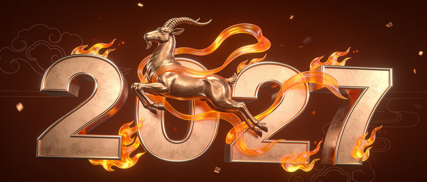 Golden 2027 numeric typography featuring a leaping metallic goat with fiery flames on a dark background for Chinese New Year illustration.