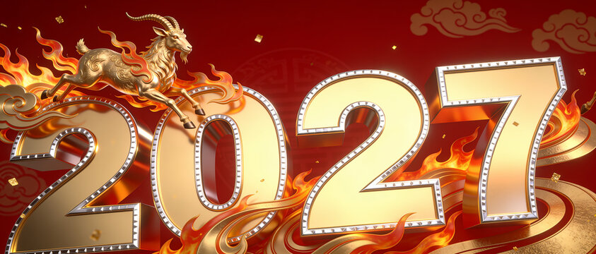 Golden goat leaping over 2027 numbers surrounded by fiery flames on a red background.