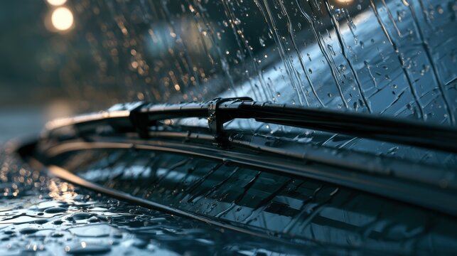 Car windshield with rain drops and frameless wiper blade closeup. 3d render
