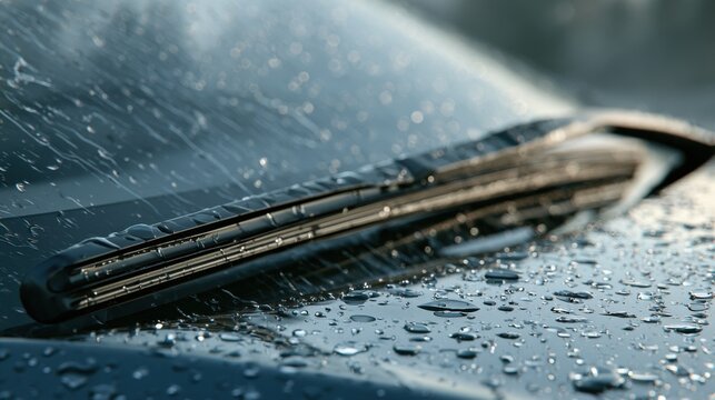 Car windshield with rain drops and frameless wiper blade closeup. 3d render
