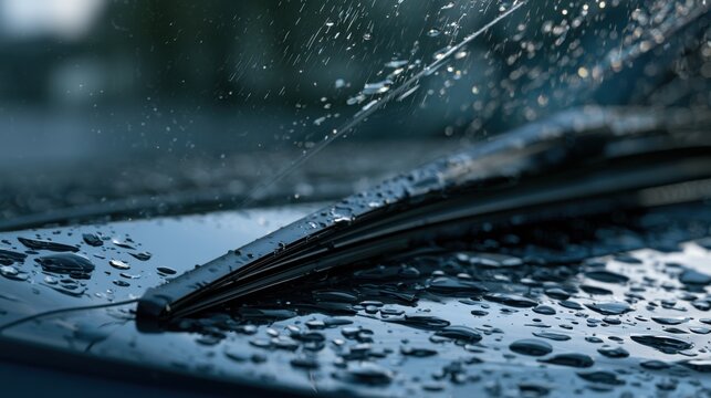 Car windshield with rain drops and frameless wiper blade closeup. 3d render
