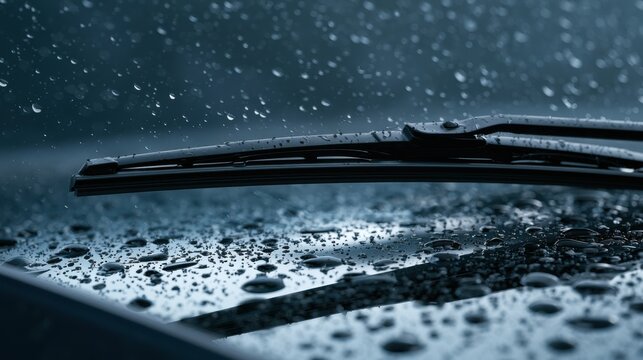 Car windshield with rain drops and frameless wiper blade closeup. 3d render
