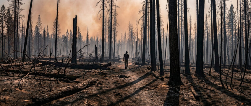 Lone figure walks through a charred forest with smoke billowing in the background aftermath of wildfire