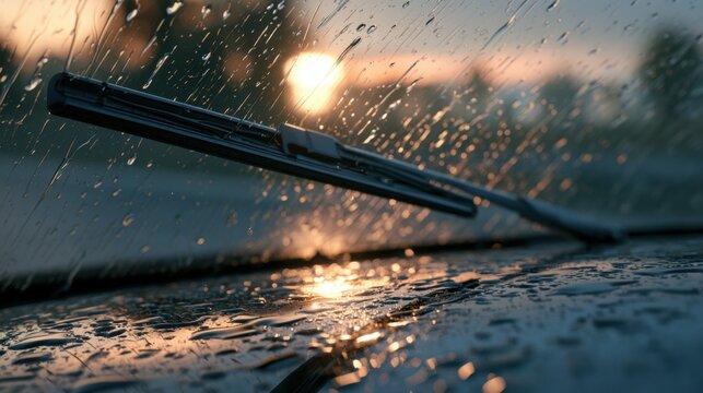 Car windshield with rain drops and frameless wiper blade closeup. 3d render
