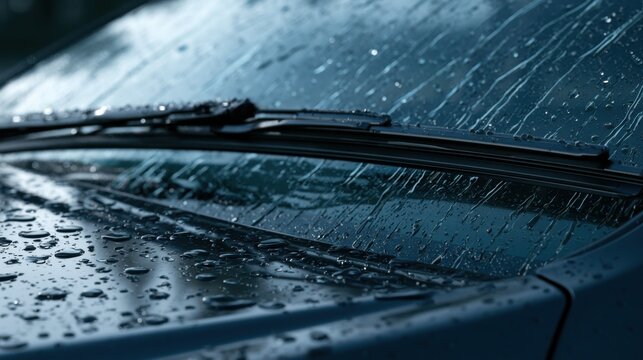 Car windshield with rain drops and frameless wiper blade closeup. 3d render

