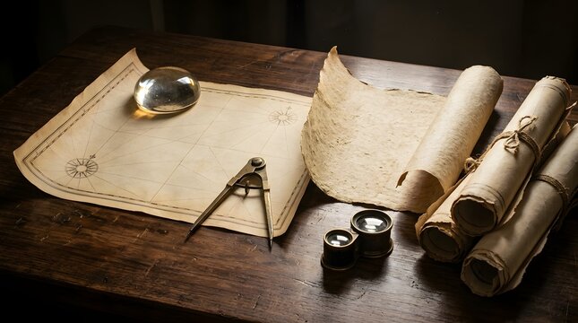 Vintage navigational maps and rolled parchment scrolls resting on an antique wooden table with brass drafting instruments
