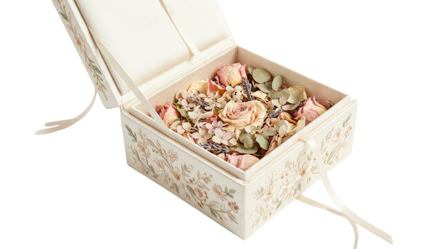 Wedding memory box, elegant open ivory keepsake casket with a square silk-covered body, delicate floral embroidery, a ribbon-tied hinged lid and carefully preserved wedding flower petals arranged