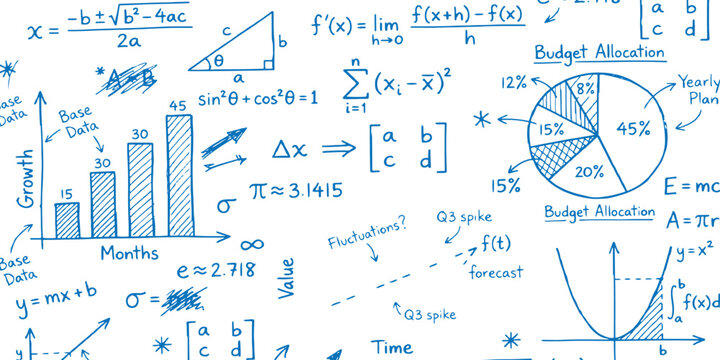 Hand drawn mathematical formulas and financial business charts graphs science equations doodle blue vector illustration.