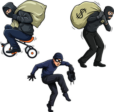 Funny Masked Burglars Stealing Money Sacks and Riding Tricycle Vector Set