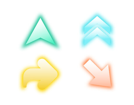 Colorful neon glowing arrow symbols pointing in various directions on a white background with UI elements graphic design navigation direction