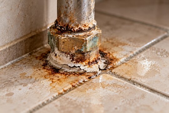 Rusty pipe fitting with mineral scale and corrosion on tiled floor. Leaking plumbing and water damage. Household maintenance and repair. Aging infrastructure and deterioration.