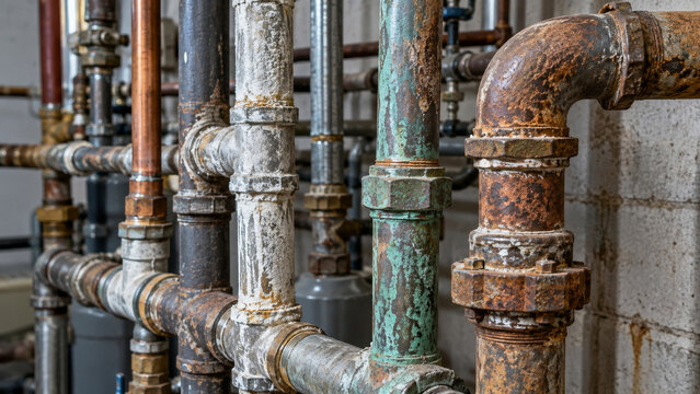 Rusty, scaled and worn pipes with corroded fittings in an industrial plumbing system. Pipe corrosion and mineral buildup. Aging infrastructure and maintenance needs.
