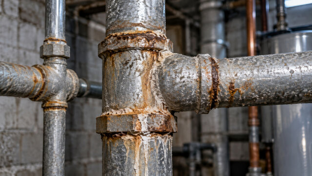 Rusty, scale-encrusted pipes and corroded joints in an aging industrial plumbing system. Pipe maintenance and infrastructure deterioration. Water damage prevention and repair.