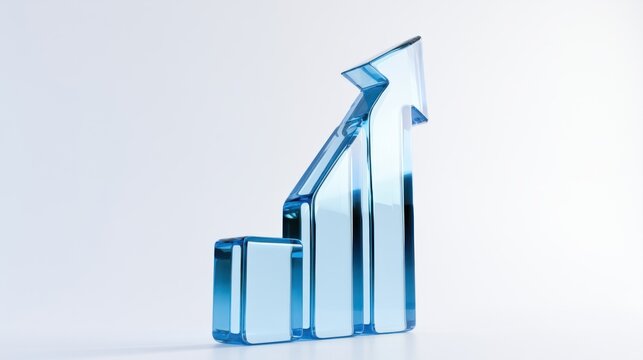 3D growth chart icon with arrow isolated on white background, concept of business success and progress. Transparent Liquid Glass icon. 3D rendering.
