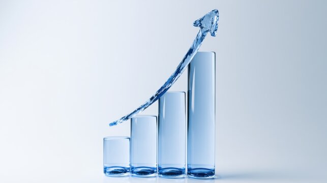 3D growth chart icon with arrow isolated on white background, concept of business success and progress. Transparent Liquid Glass icon. 3D rendering.
