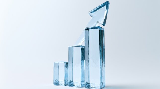 3D growth chart icon with arrow isolated on white background, concept of business success and progress. Transparent Liquid Glass icon. 3D rendering.
