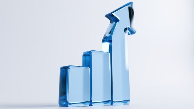 3D growth chart icon with arrow isolated on white background, concept of business success and progress. Transparent Liquid Glass icon. 3D rendering.
