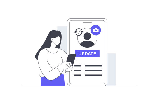 Picture Update User Profile Customization Mobile Avatar Settings. Female Smartphone Screen Displaying User Photo Update Badge and Form List. Flat Cartoon Vector Illustration, icon Stylish abstract 