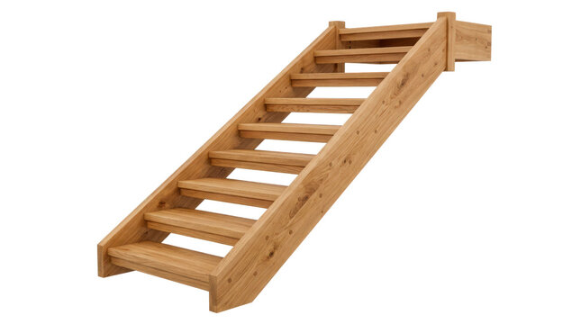 Staircase, freestanding prefabricated wooden staircase with a straight ascending structure, evenly spaced broad oak steps, sturdy supporting side stringers and smoothly finished natural timber