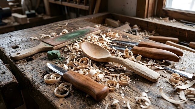 Handmade wooden spoon resting on rustic workbench surrounded by sharp carving chisels and delicate curly wood shavings