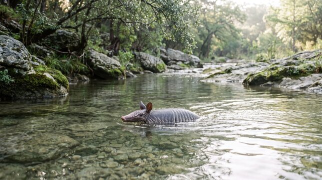 Armadillo Paddling Across Shallow Creek With Snout Raised Above Water