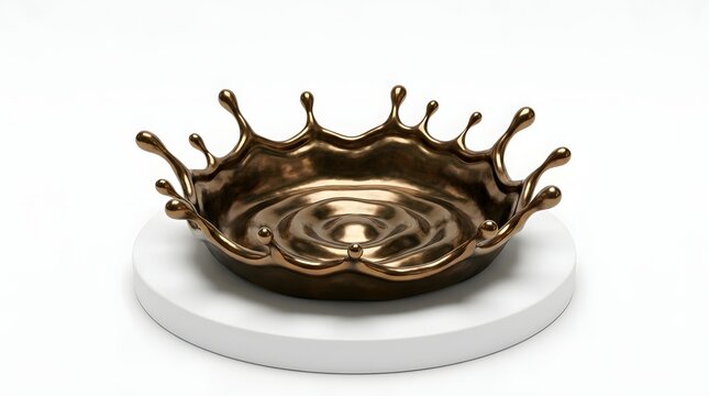 Liquid bronze splash forming crown shape on circular white pedestal studio lighting close up view