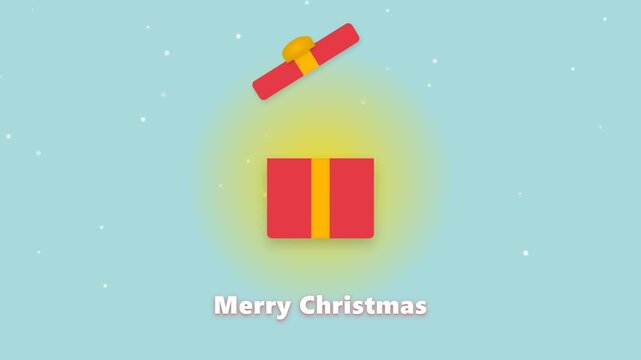 Animated Christmas gift box opening with glowing light and snowy background