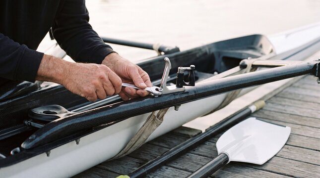 Rower Adjusting Oarlock Height on Carbon Rigger of Single Scull With Wrench