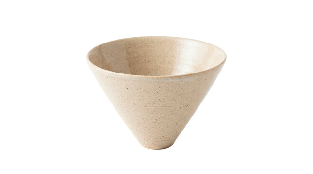 Conical teacup, minimalist cone-shaped tea drinking vessel made from thin glazed stoneware with a wide flat circular upper opening, straight sharply tapering outer sides and a small carefully