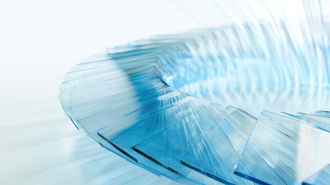 Abstract 3d render background, blue translucent glass plates arranged in a geometric spiral. Modern transparent crystal layers with light refraction and soft
