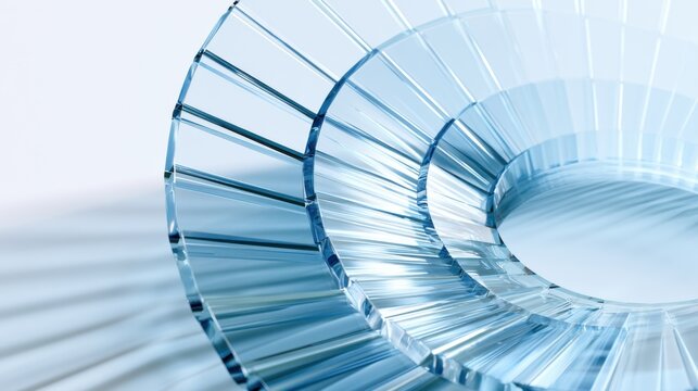 Abstract 3d render background, blue translucent glass plates arranged in a geometric spiral. Modern transparent crystal layers with light refraction and soft
