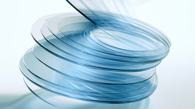 Abstract 3d render background, blue translucent glass plates arranged in a geometric spiral. Modern transparent crystal layers with light refraction and soft
