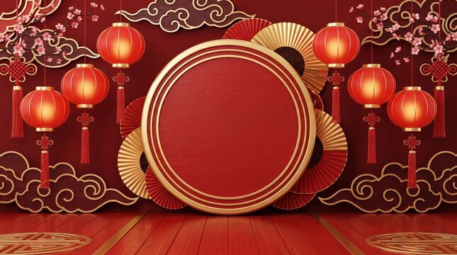 Red circular frame with lanterns and traditional fans for a festive oriental celebration background display with circular red frame golden edges surrounded hanging red lanterns fans decorative clouds