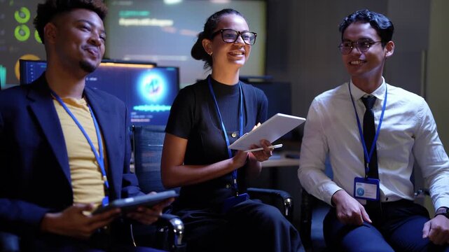 Black engineer with a tablet chats and gestures while the Latina coworker beside him smiles and an Asian colleague in a black tie adjusts his collar, seated row in a night tech lab