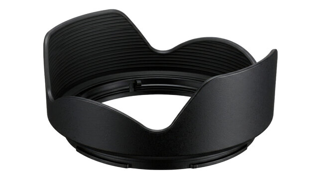 Lens hood, protective camera lens hood with a distinctive petal-shaped outer rim, wide hollow cylindrical opening and durable matte black molded plastic surface, photorealistic camera accessory