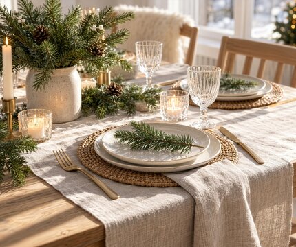 An organic-style table setting featuring a linen runner, a rattan placemat, and a simple, off-white stoneware plate. A green fir sprig rests on the plate. The cutlery is made of matte brass; the overa