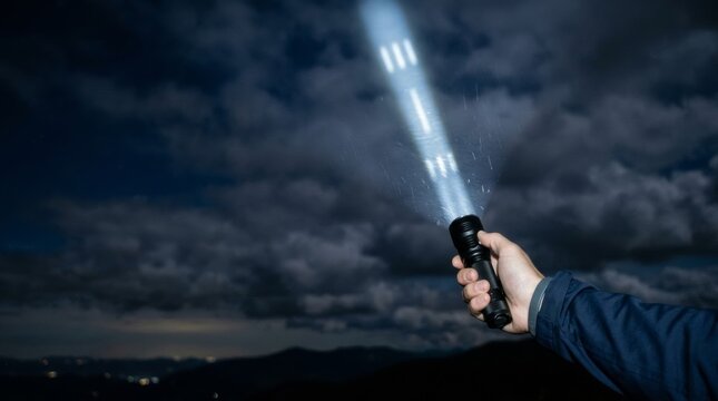 High-powered flashlight beam shining an SOS signal into a dark, cloudy night sky, held by a silhouetted hand, representing survival, emergency signaling, and adventure exploration