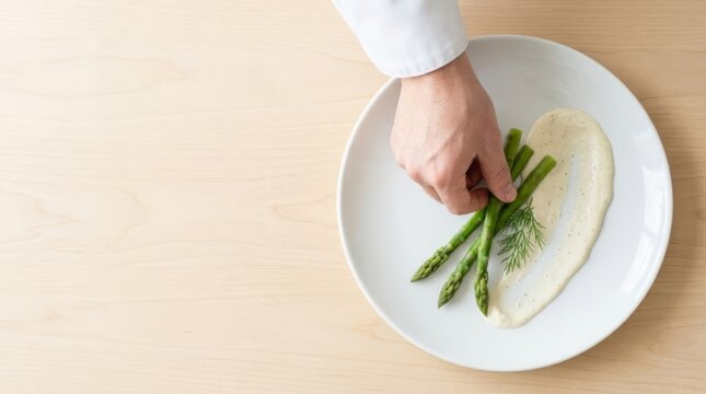 Chef plating fresh green asparagus on a white plate with creamy sauce and dill, top-down view in a professional kitchen, emphasizing culinary precision and high-end gourmet presentation