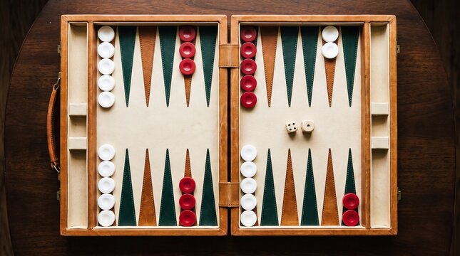 Top View of Backgammon Board Set in Starting Position With Checkers and Dice