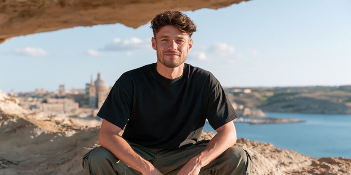 Casual young man seated under a sea cave ledge with panoramic bay view for travel lifestyle background and relaxed portrait composition