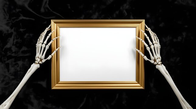 Spooky halloween background with skeleton hands holding vintage frame around empty copy space