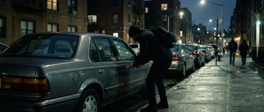 Hooded figure attempting to break into a car on a wet city street at dusk crime urban night scene