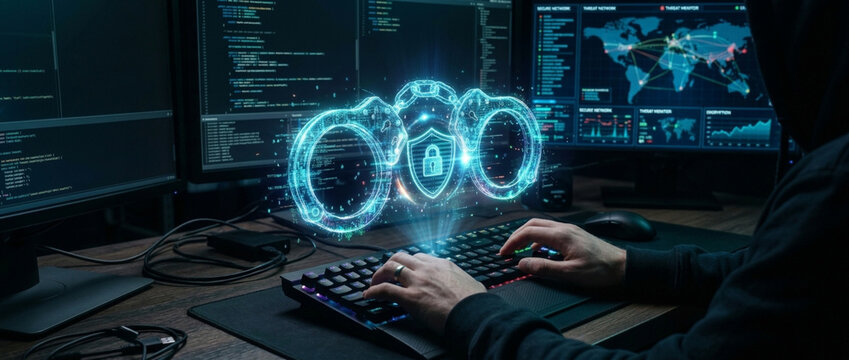 Hacker using futuristic holographic binoculars with lock symbol for cybersecurity and data protection concept